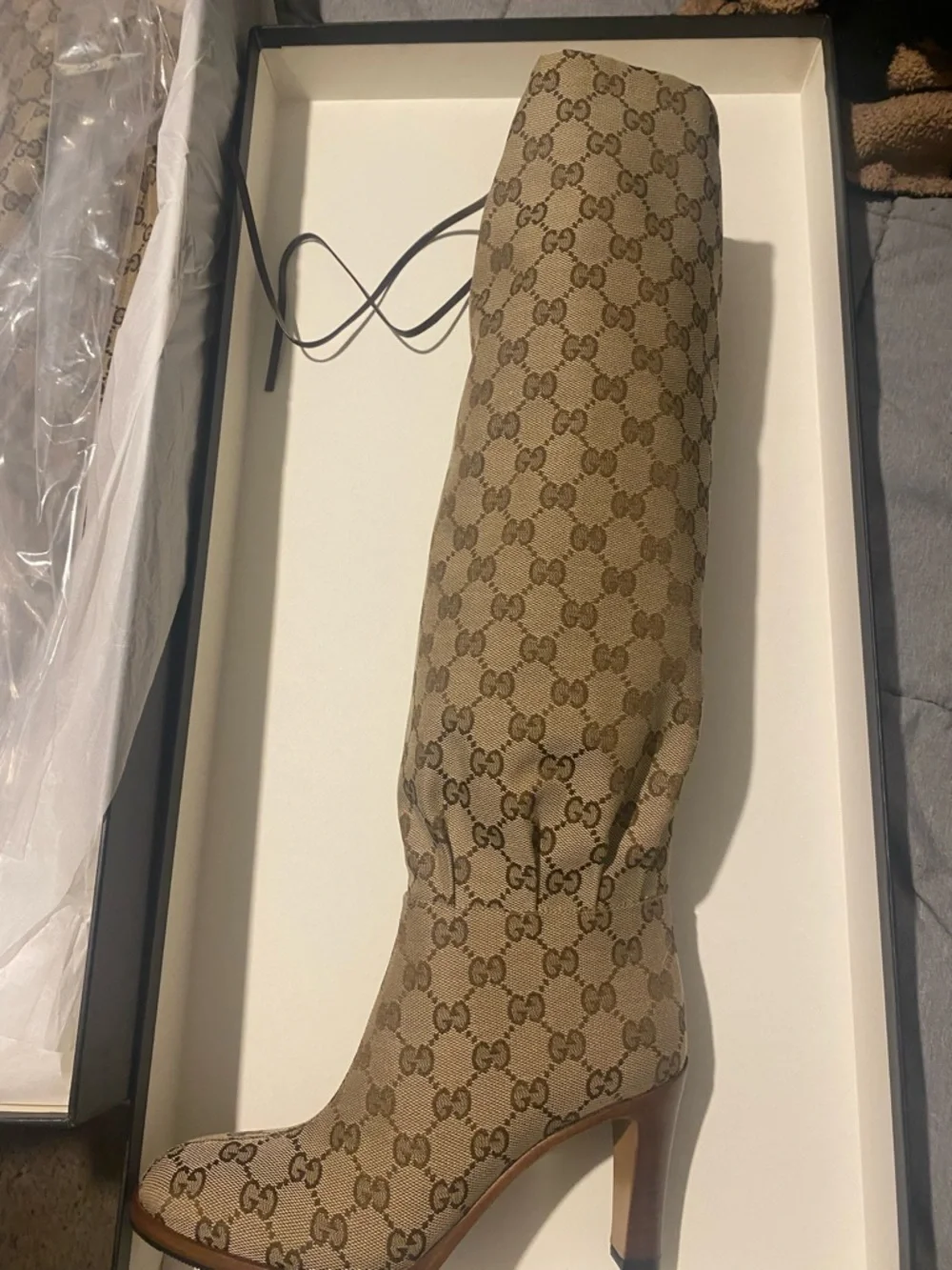 Gucci Beige Monogram Knee-High Lace-Up Heel Boot - Picture 2 of 5